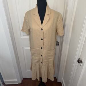 Naning9 Tan Short Sleeve Button-Down Linen Dress
